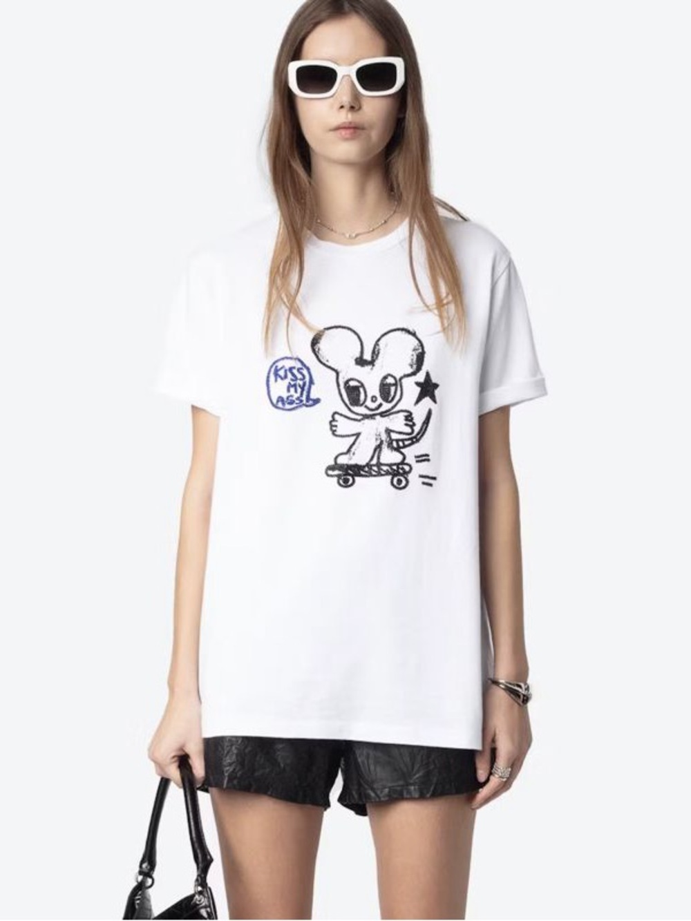 ZADIG AND VOLTAIRE
Edwin Crewneck Tee In White Rhinestone Mouse Graphic NWT